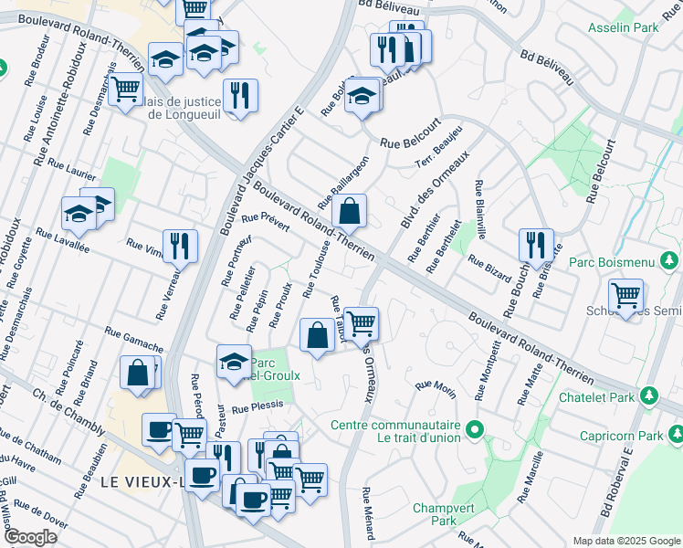 map of restaurants, bars, coffee shops, grocery stores, and more near Terrasse Tracy in Longueuil