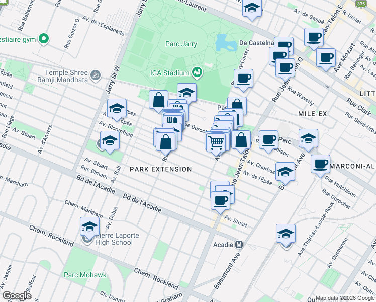 map of restaurants, bars, coffee shops, grocery stores, and more near 7538 Avenue de l'Épée in Montréal