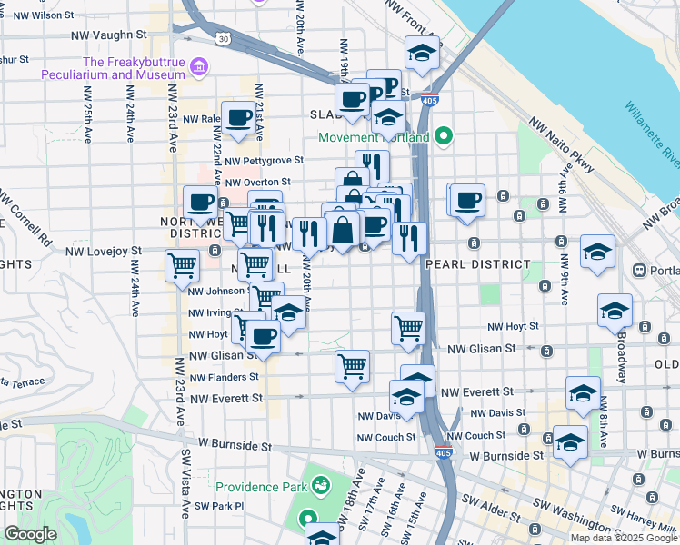 map of restaurants, bars, coffee shops, grocery stores, and more near in Portland