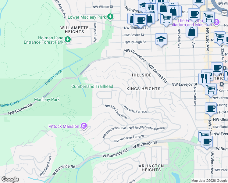 map of restaurants, bars, coffee shops, grocery stores, and more near 850 Northwest Powhatan Terrace in Portland