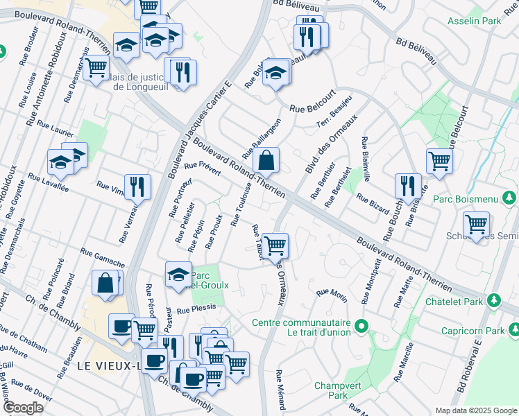map of restaurants, bars, coffee shops, grocery stores, and more near 2859 Rue De La Terrasse Tracy in Longueuil