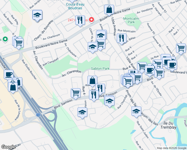 map of restaurants, bars, coffee shops, grocery stores, and more near 588 Rue de Canterbury in Laval