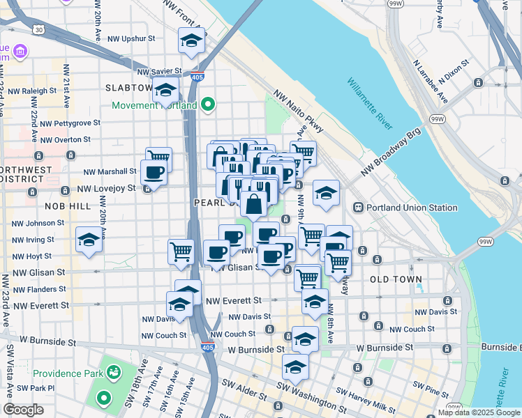 map of restaurants, bars, coffee shops, grocery stores, and more near 905 Northwest 12th Avenue in Portland