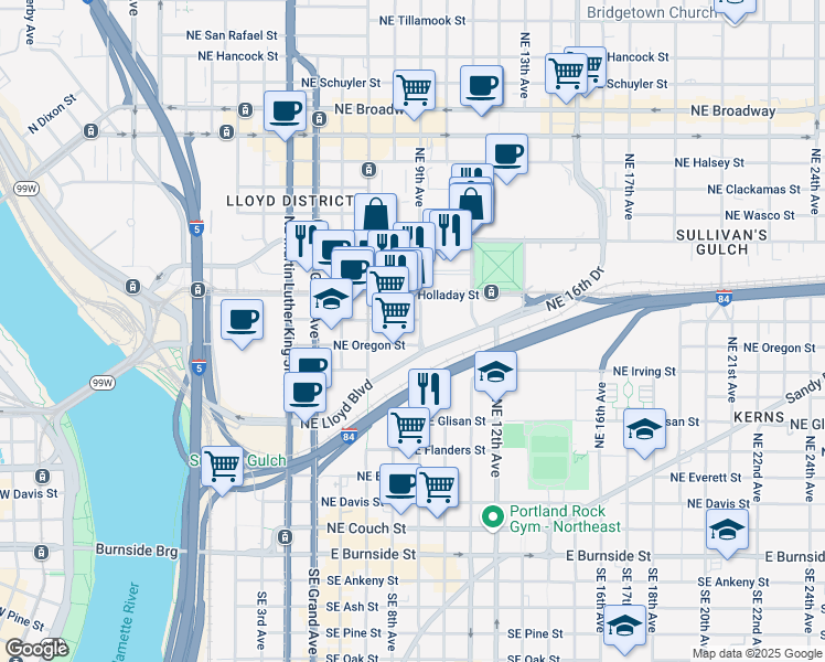 map of restaurants, bars, coffee shops, grocery stores, and more near 800-830 Northeast Holladay Street in Portland
