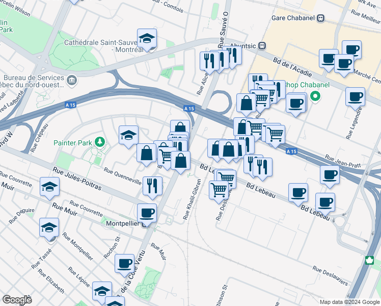 map of restaurants, bars, coffee shops, grocery stores, and more near 150 Boulevard de la Côte Vertu in Montréal