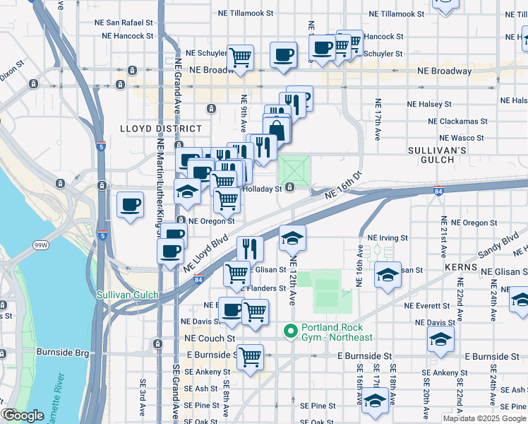 map of restaurants, bars, coffee shops, grocery stores, and more near 911 Northeast 11th Avenue in Portland