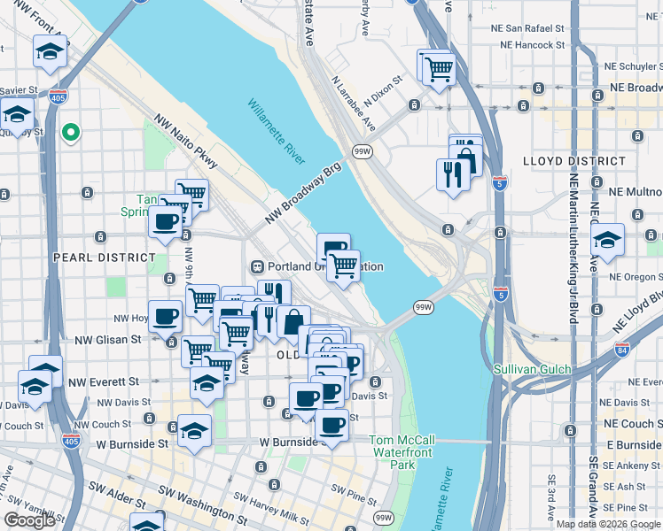 map of restaurants, bars, coffee shops, grocery stores, and more near 710 Northwest 4th Avenue in Portland