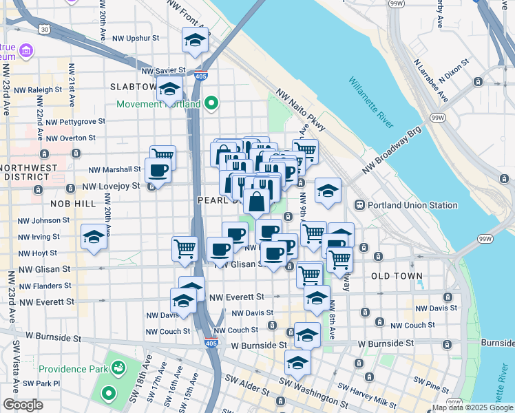 map of restaurants, bars, coffee shops, grocery stores, and more near in Portland