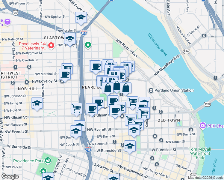 map of restaurants, bars, coffee shops, grocery stores, and more near 821 Northwest 11th Avenue in Portland