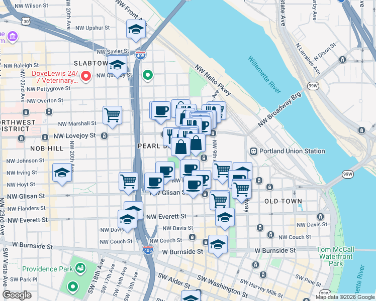 map of restaurants, bars, coffee shops, grocery stores, and more near 821 Northwest 11th Avenue in Portland