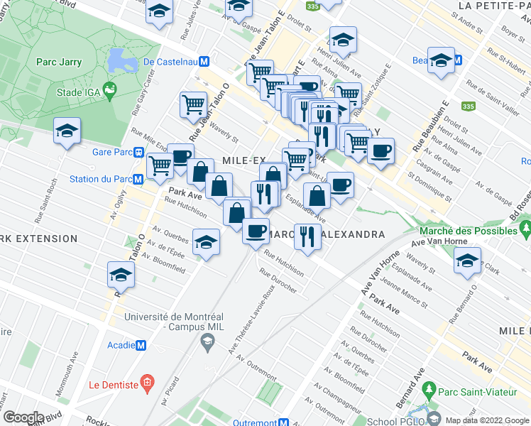 map of restaurants, bars, coffee shops, grocery stores, and more near 6704 Rue Jeanne-Mance in Montréal