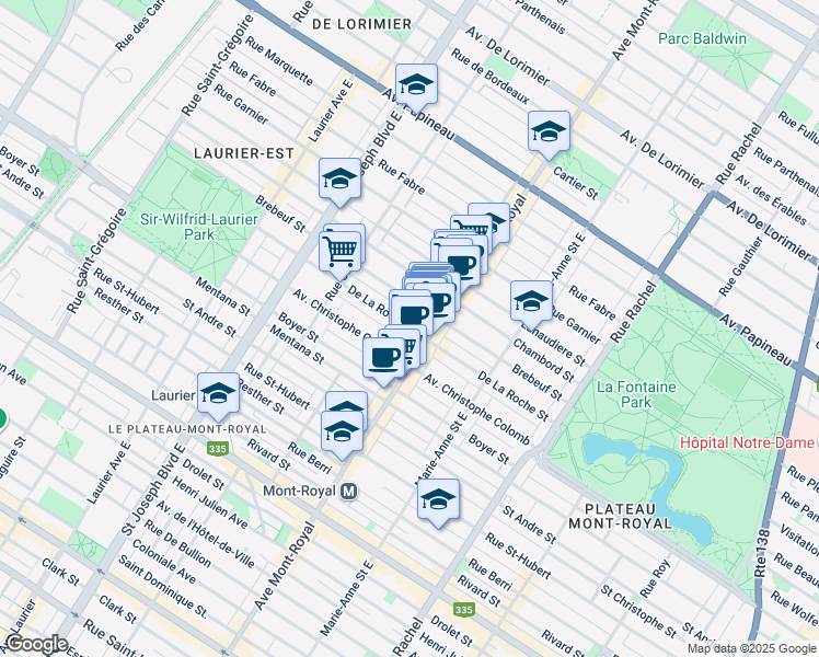 map of restaurants, bars, coffee shops, grocery stores, and more near in Montreal