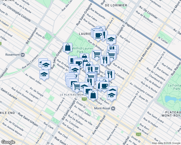 map of restaurants, bars, coffee shops, grocery stores, and more near 917 Boulevard Saint-Joseph Est in Montréal