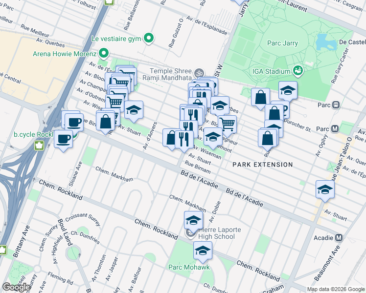 map of restaurants, bars, coffee shops, grocery stores, and more near 901 Rue Jarry Ouest in Montréal