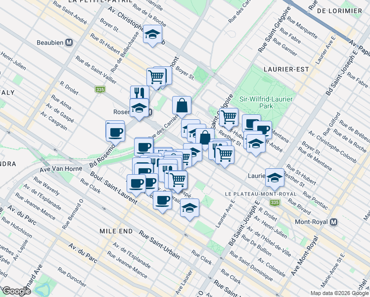 map of restaurants, bars, coffee shops, grocery stores, and more near 5484 Rue Saint-Denis in Montréal
