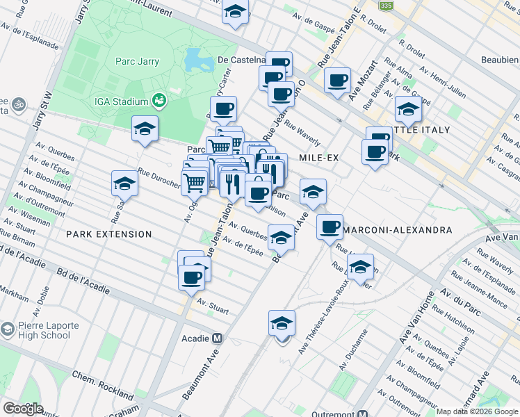 map of restaurants, bars, coffee shops, grocery stores, and more near 7060 Rue Hutchison in Montreal