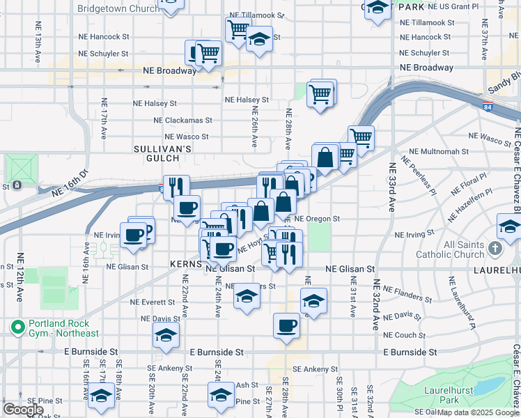 map of restaurants, bars, coffee shops, grocery stores, and more near 13 Northeast 27th Avenue in Portland