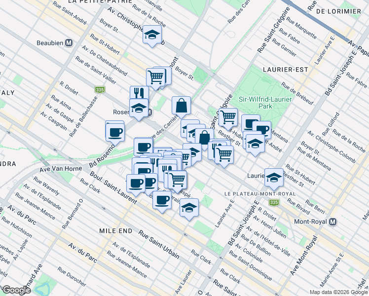 map of restaurants, bars, coffee shops, grocery stores, and more near 5480 Rue Saint-Denis in Montréal