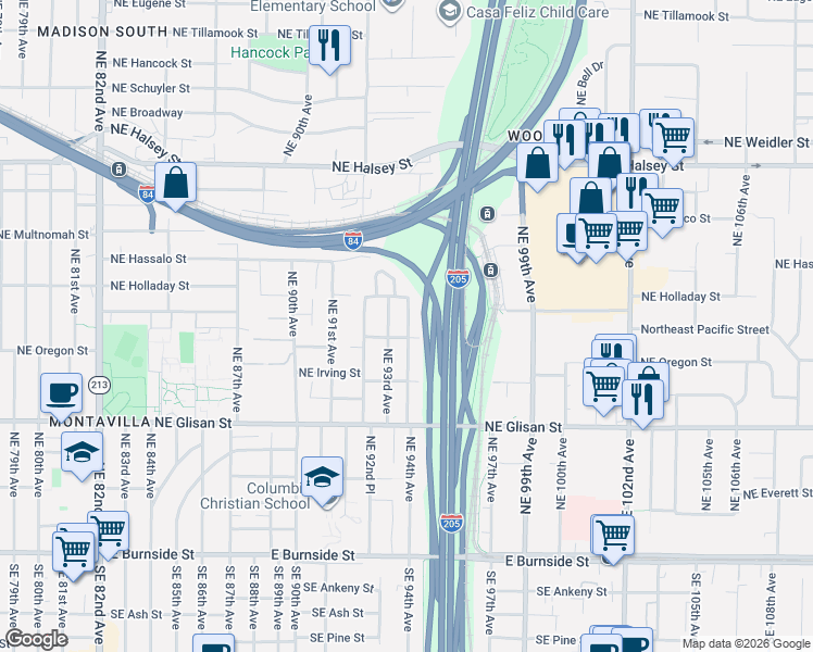 map of restaurants, bars, coffee shops, grocery stores, and more near 916 Northeast 94th Avenue in Portland