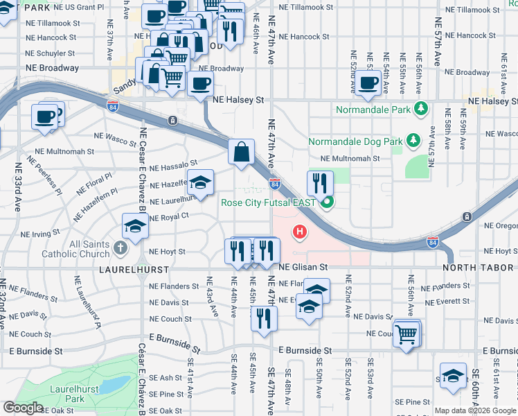 map of restaurants, bars, coffee shops, grocery stores, and more near 4455 Northeast Oregon Street in Portland