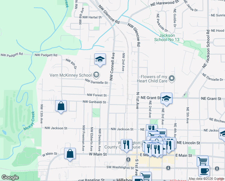 map of restaurants, bars, coffee shops, grocery stores, and more near 662 Northwest Connell Avenue in Hillsboro