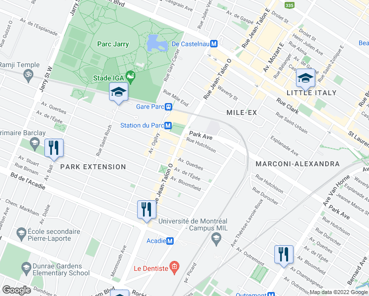 map of restaurants, bars, coffee shops, grocery stores, and more near 7115 Rue Durocher in Montréal