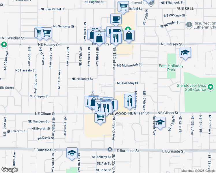 map of restaurants, bars, coffee shops, grocery stores, and more near 909 Northeast 122nd Avenue in Portland