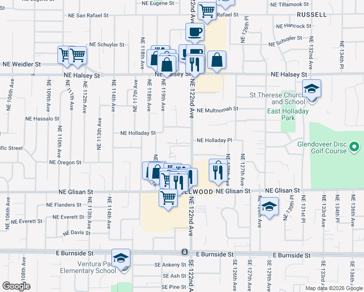 map of restaurants, bars, coffee shops, grocery stores, and more near 909 Northeast 122nd Avenue in Portland