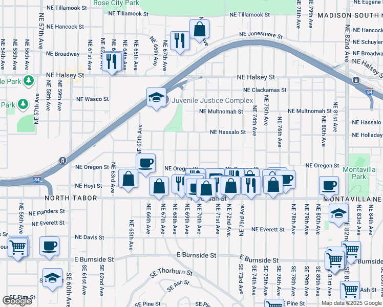 map of restaurants, bars, coffee shops, grocery stores, and more near 6909 Northeast Pacific Street in Portland