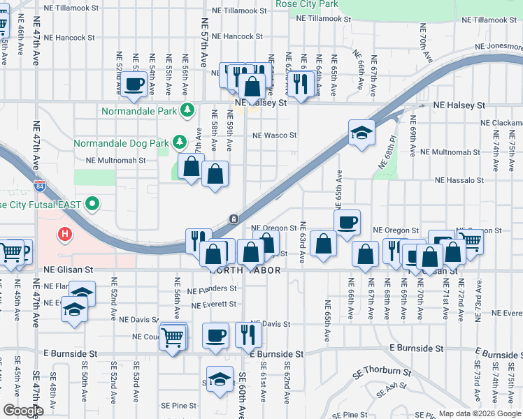 map of restaurants, bars, coffee shops, grocery stores, and more near 6116 Northeast Willow Street in Portland