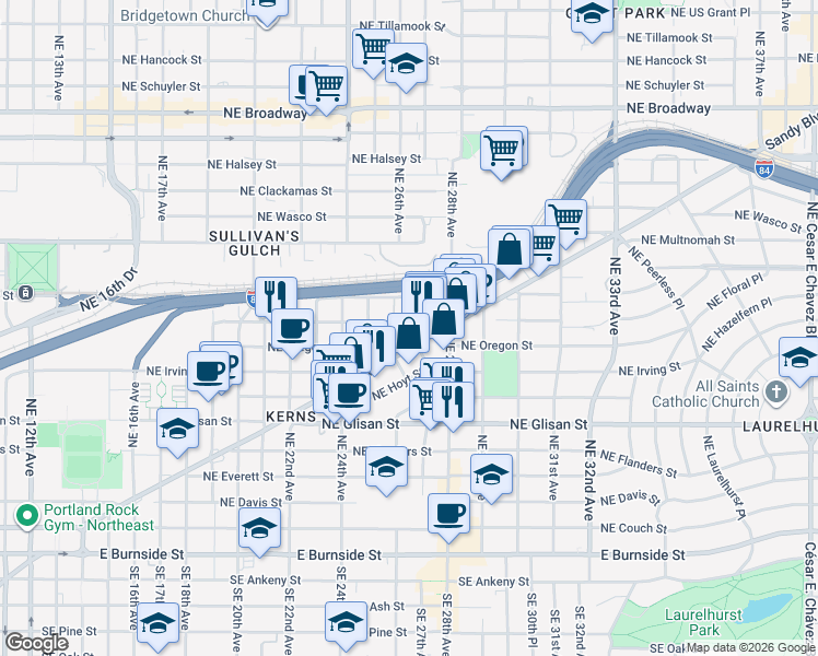 map of restaurants, bars, coffee shops, grocery stores, and more near 13 Northeast 27th Avenue in Portland