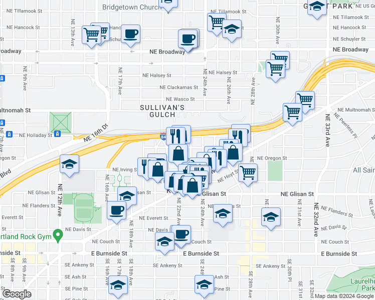map of restaurants, bars, coffee shops, grocery stores, and more near 2211 Northeast Pacific Street in Portland