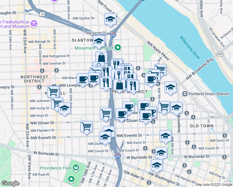 map of restaurants, bars, coffee shops, grocery stores, and more near 1599 Northwest Kearney Street in Portland
