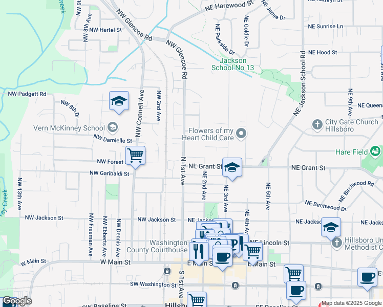 map of restaurants, bars, coffee shops, grocery stores, and more near 704 North 1st Avenue in Hillsboro