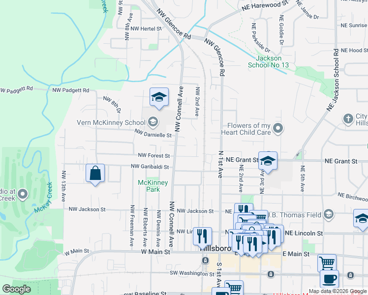 map of restaurants, bars, coffee shops, grocery stores, and more near 730 Northwest Connell Avenue in Hillsboro