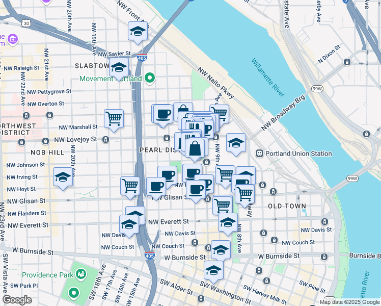 map of restaurants, bars, coffee shops, grocery stores, and more near in Portland