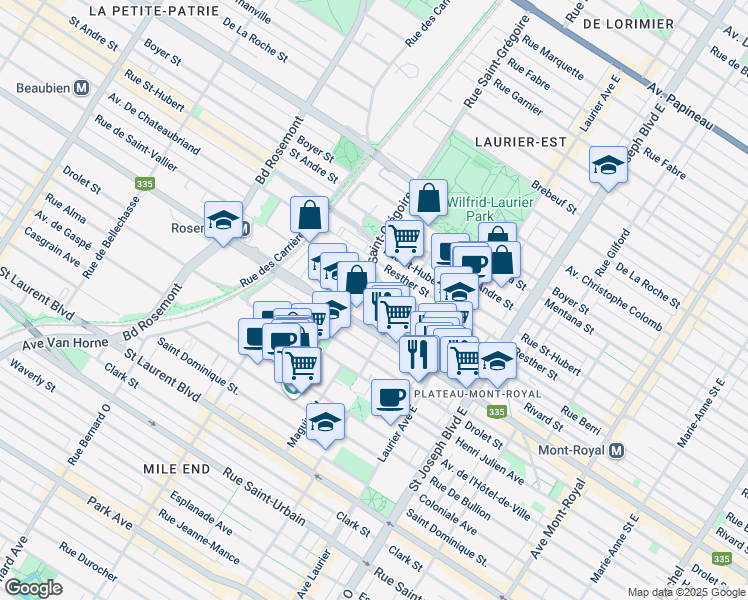 map of restaurants, bars, coffee shops, grocery stores, and more near 5331 Rue Rivard in Montréal
