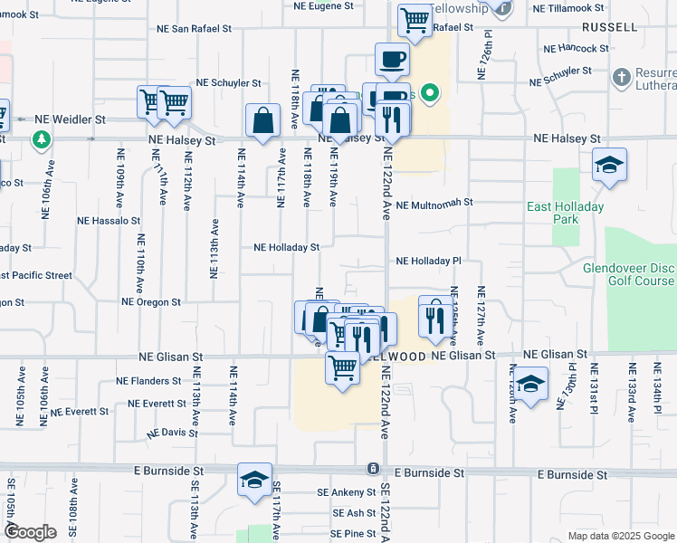 map of restaurants, bars, coffee shops, grocery stores, and more near 863 Northeast 122nd Avenue in Portland