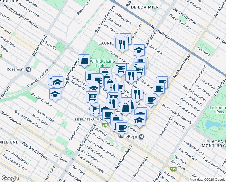 map of restaurants, bars, coffee shops, grocery stores, and more near 921 Boulevard Saint-Joseph Est in Montréal