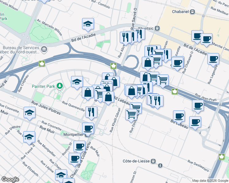 map of restaurants, bars, coffee shops, grocery stores, and more near in Montreal