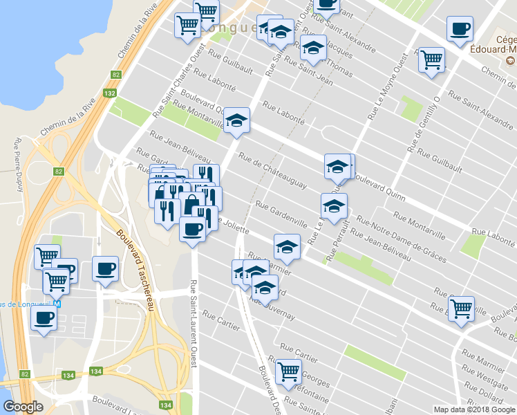 map of restaurants, bars, coffee shops, grocery stores, and more near 600 Rue Gardenville in Longueuil
