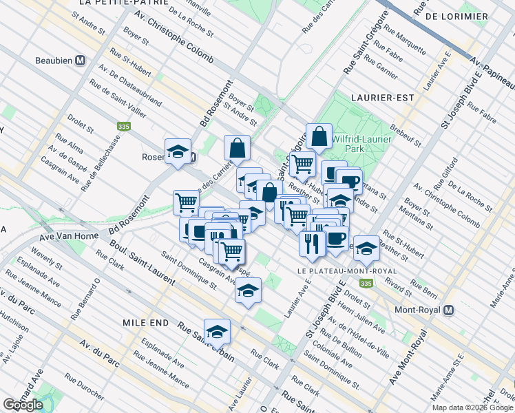 map of restaurants, bars, coffee shops, grocery stores, and more near 5425 Rue Saint-Denis in Montréal