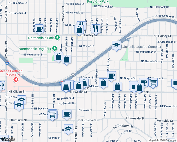 map of restaurants, bars, coffee shops, grocery stores, and more near 6167 Northeast Vera Street in Portland