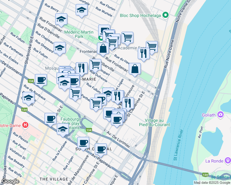 map of restaurants, bars, coffee shops, grocery stores, and more near in Montreal