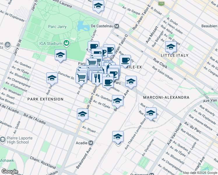 map of restaurants, bars, coffee shops, grocery stores, and more near 7060 Rue Hutchison in Montrã©Al