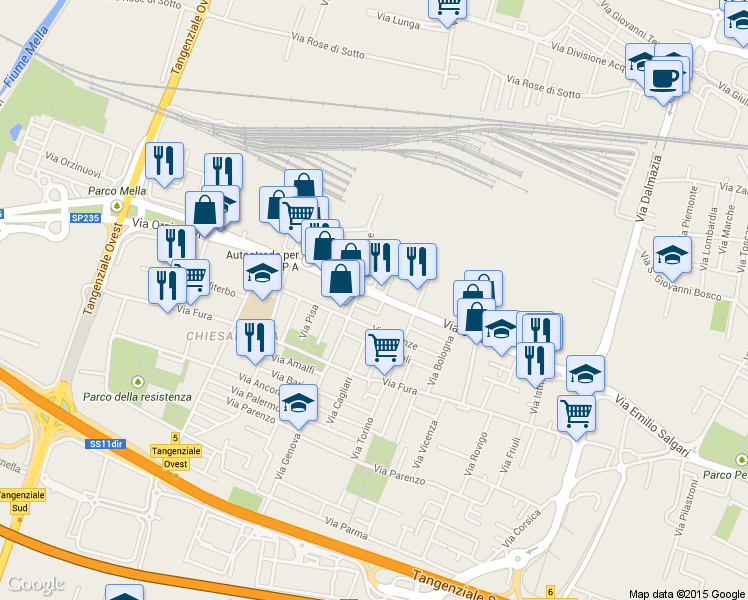 map of restaurants, bars, coffee shops, grocery stores, and more near 93 Via Orzinuovi in Brescia