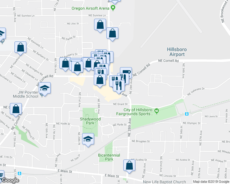 map of restaurants, bars, coffee shops, grocery stores, and more near 849 Northeast 25th Avenue in Hillsboro