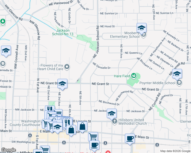 map of restaurants, bars, coffee shops, grocery stores, and more near 735 Northeast 6th Avenue in Hillsboro