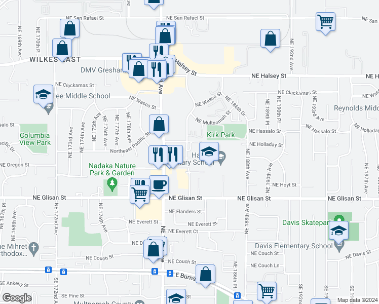 map of restaurants, bars, coffee shops, grocery stores, and more near 912 Northeast 183rd Avenue in Portland