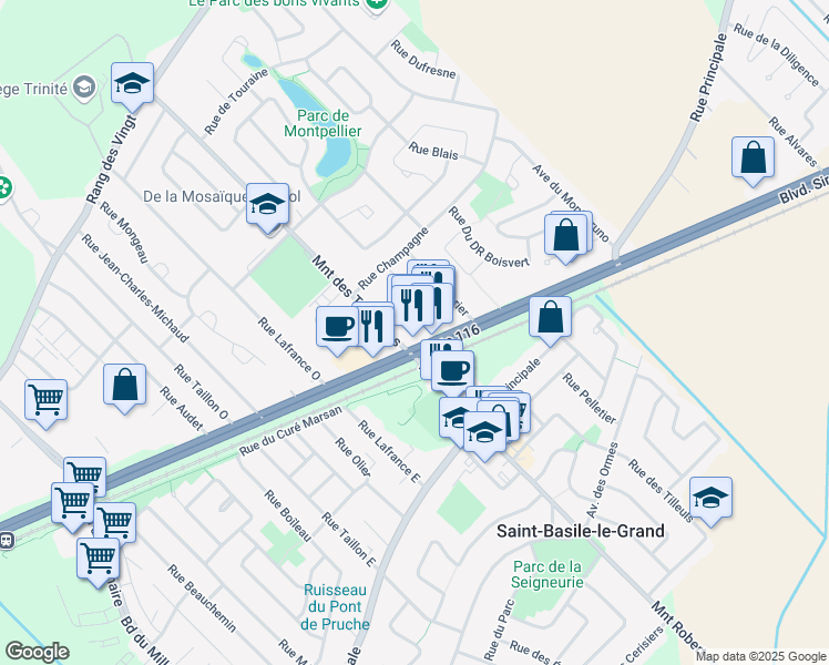 map of restaurants, bars, coffee shops, grocery stores, and more near 29 Avenue du Mont-Bruno in Saint-Basile-le-Grand